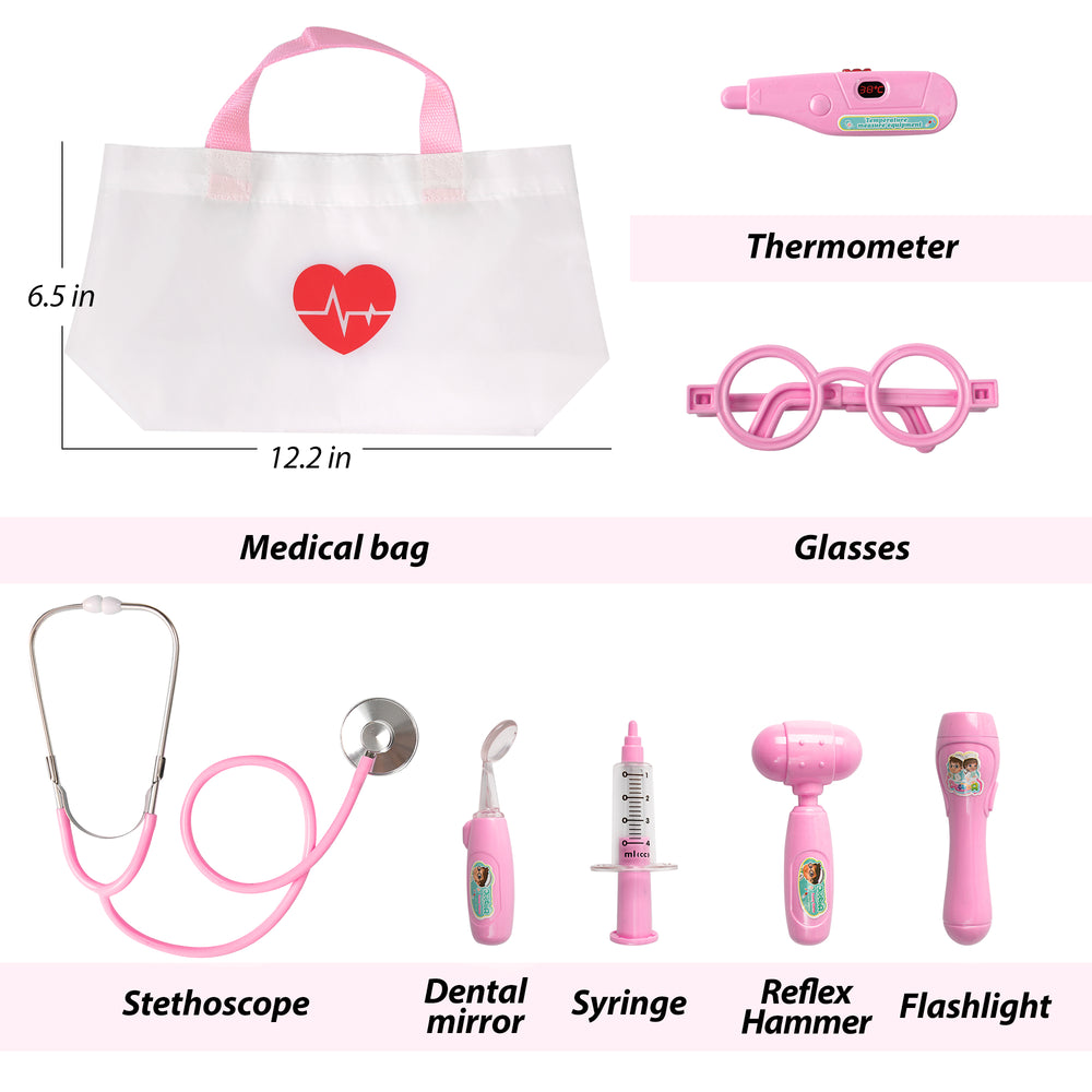 Kids Doctor Kit, 8 Pieces Kids Doctor Playset with Medical Storage Bag & Real Stethoscope(Pink)