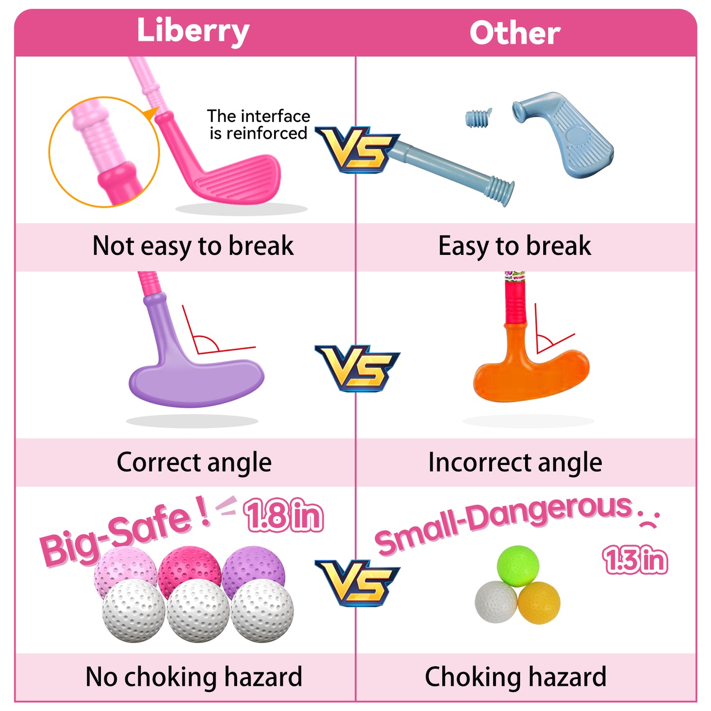 Liberry Toddler Golf Set for 1 2 3 4 Years Old, Upgraded Kids Golf Cart with Unique Shoulder Strap Design, Indoor and Outdoor Golf Toys for Boys Girls (Pink)