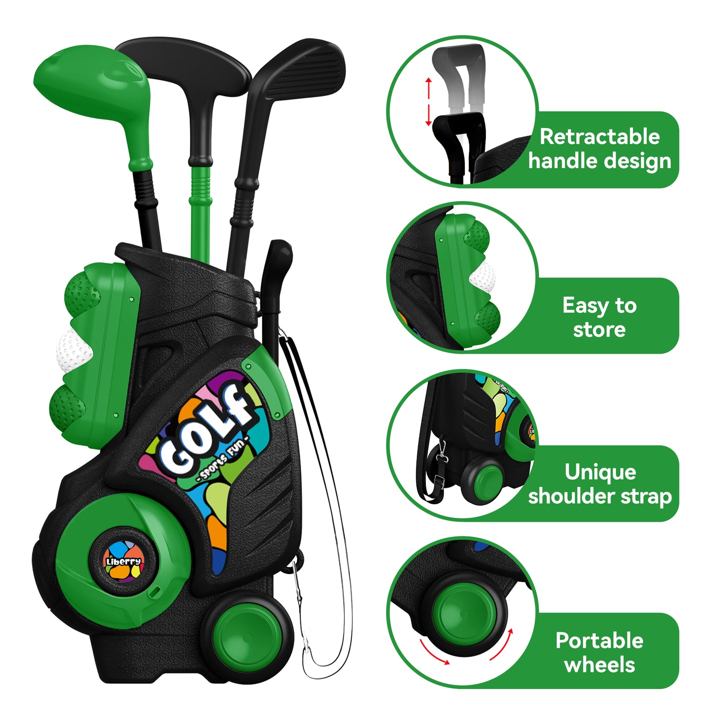 Liberry Toddler Golf Set for Ages 2 3 4 Boys Girls, Upgraded Kids Golf Cart with Shoulder Strap Design, Outdoor Indoor Sports Toys Birthday Gifts, Black