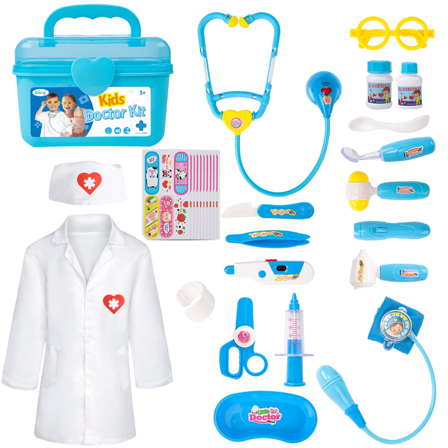 Liberry Doctor Kit for Toddlers 3 4 5 Years Old, Kids Doctor Play Set for Girls Boys Toy, Pretend Play Medical Kit with Stethoscope & Costume for Birthday Gift Blue
