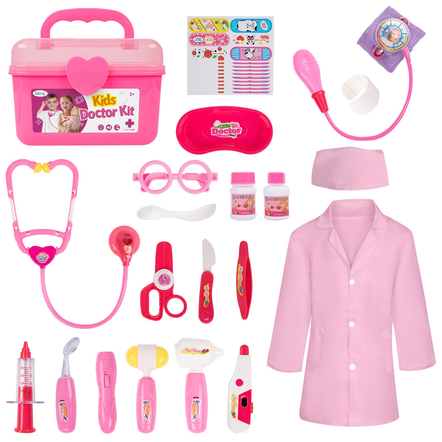 Liberry Doctor Kit for Toddlers 3 4 5 Years Old, Kids Doctor Play Set for Girls Boys Toy, Pretend Play Medical Kit with Stethoscope & Costume for Christmas Birthday Gift Pink