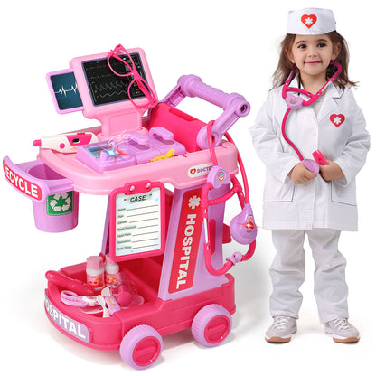Liberry Doctor Kit for Toddlers Ages 2 3 4 5, Pretend Kids Doctor Playset with Cart, Costume and Stethoscope, Role Play Medical Toys Birthday Gift for Girls Boys (Pink)