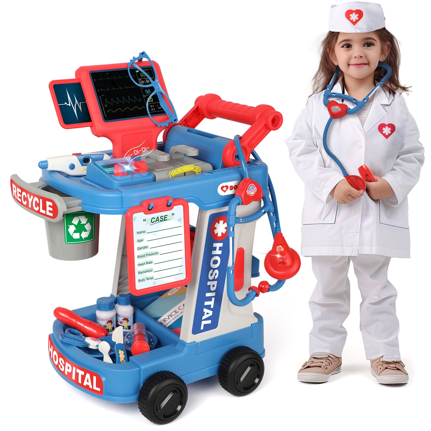 Liberry Doctor Kit for Toddlers Ages 2 3 4 5, Pretend Kids Doctor Playset with Cart, Costume and Stethoscope, Role Play Medical Toys Birthday Gift for Girls Boys (Blue)