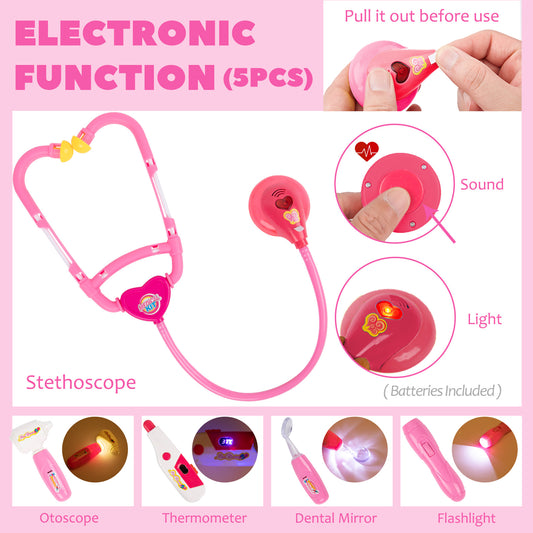 Liberry Kuracista Kompleto por Infanetoj 3-4-5-Jaraj, Infana Kuracista Ludkompleto por Knabinoj kaj Knaboj, Ŝajniga Medicina Kompleto kun Stetoskopo kaj Kostumo por Kristnaska Naskiĝtaga Donaco Rozkolora 