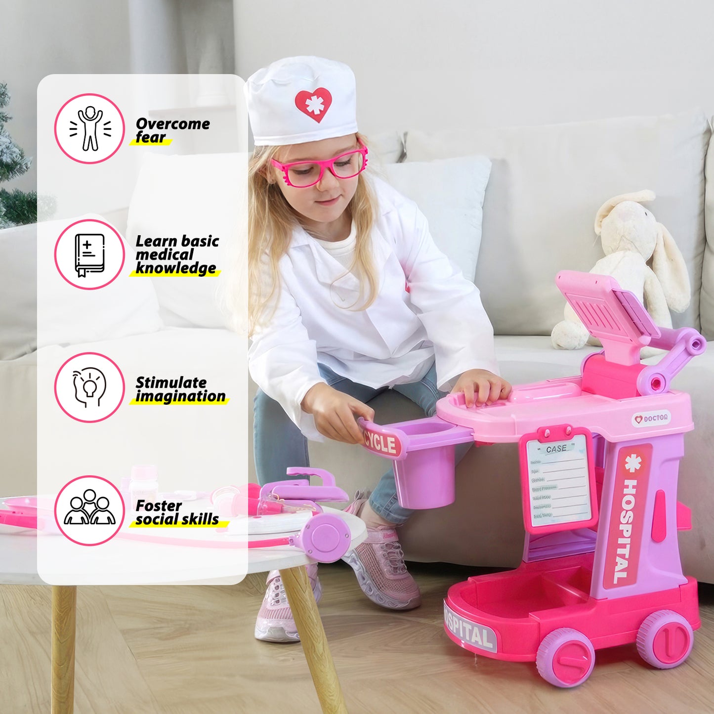 Liberry Doctor Kit for Toddlers Ages 2 3 4 5, Pretend Kids Doctor Playset with Cart, Costume and Stethoscope, Role Play Medical Toys Birthday Gift for Girls Boys (Pink)