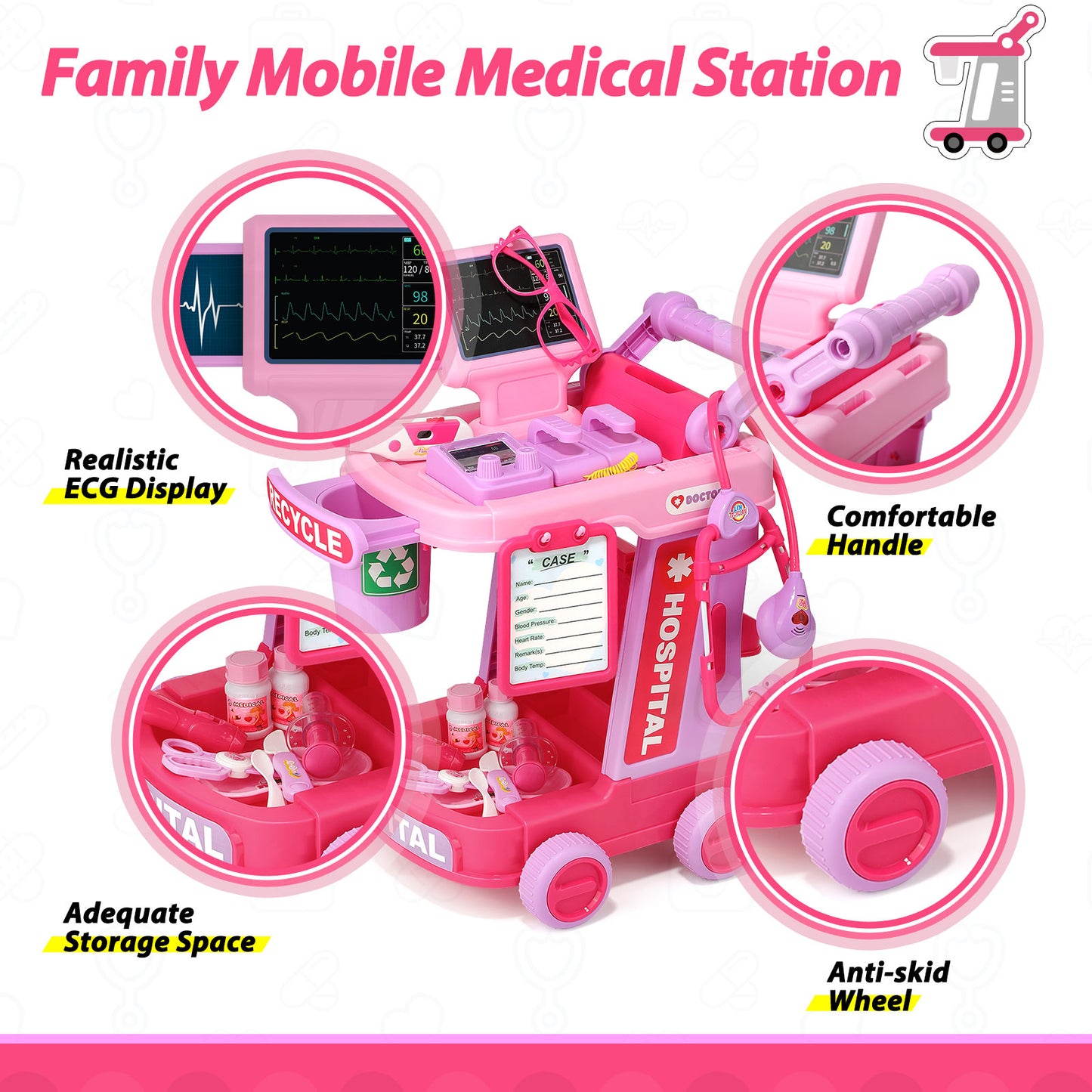 Liberry Doctor Kit for Toddlers Ages 2 3 4 5, Pretend Kids Doctor Playset with Cart, Costume and Stethoscope, Role Play Medical Toys Birthday Gift for Girls Boys (Pink)