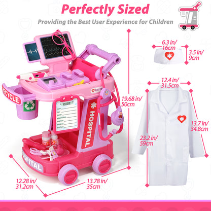 Liberry Doctor Kit for Toddlers Ages 2 3 4 5, Pretend Kids Doctor Playset with Cart, Costume and Stethoscope, Role Play Medical Toys Birthday Gift for Girls Boys (Pink)