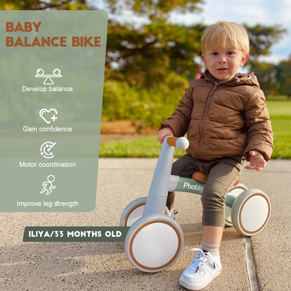 Phobby Baby Balance Bike, 4 Wheels Toddler Balance Bike Ride on Toys with Adjustable Seat, 12-36 Months Infant's First Birthday Gift