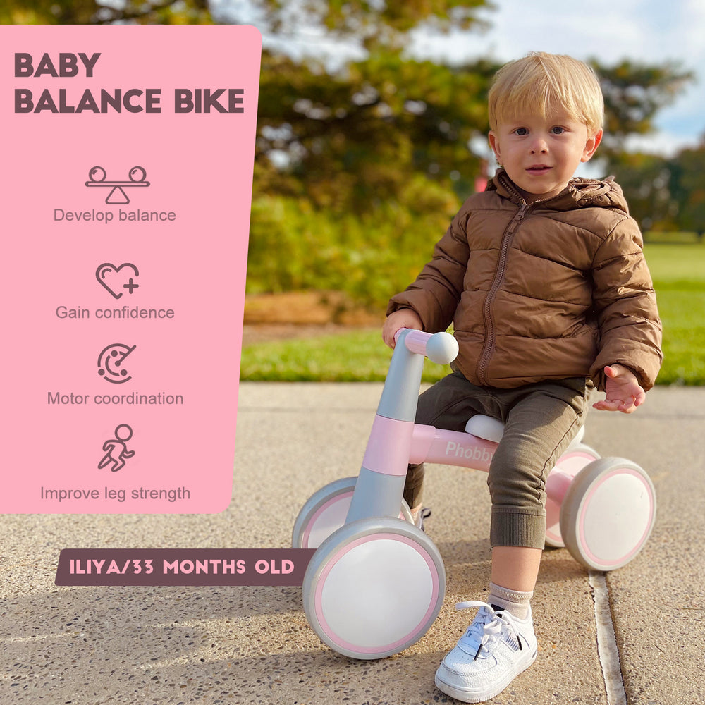 Phobby Baby Balance Bike, 4 Wheels Toddler Balance Bike Ride on Toys with Adjustable Seat, 12-36 Months Infant's First Birthday Gift