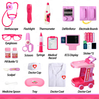 Liberry Doctor Kit for Toddlers Ages 2 3 4 5, Pretend Kids Doctor Playset with Cart, Costume and Stethoscope, Role Play Medical Toys Birthday Gift for Girls Boys (Pink)