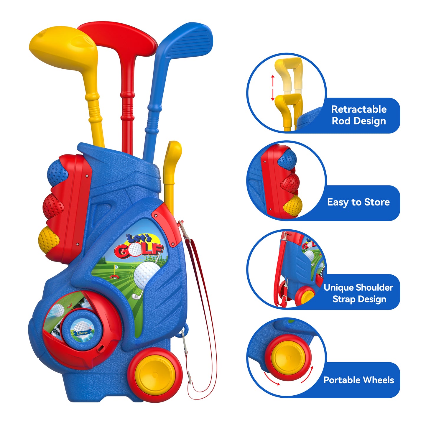 Golfa Aro Liberry por Infanoj, Plibonigita Golfa Ĉareto por Infanoj kun Unika Ŝultrorimena Dezajno, Ludiloj por Endomaj kaj Subĉielaj Sportoj, Donacoj por Knaboj, Knabinoj, 1, 2, 3, 4-Jaraj 