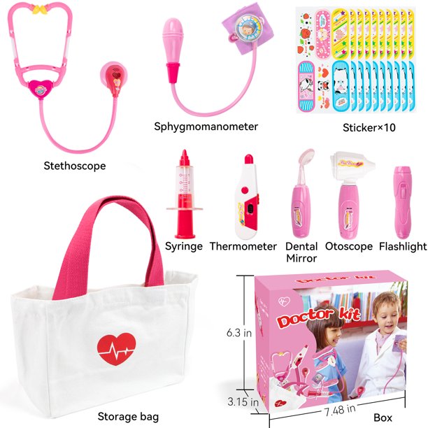 Durable Doctor Kit for Kids, 18 Pieces Pretend Play Doctor Toys-Pink